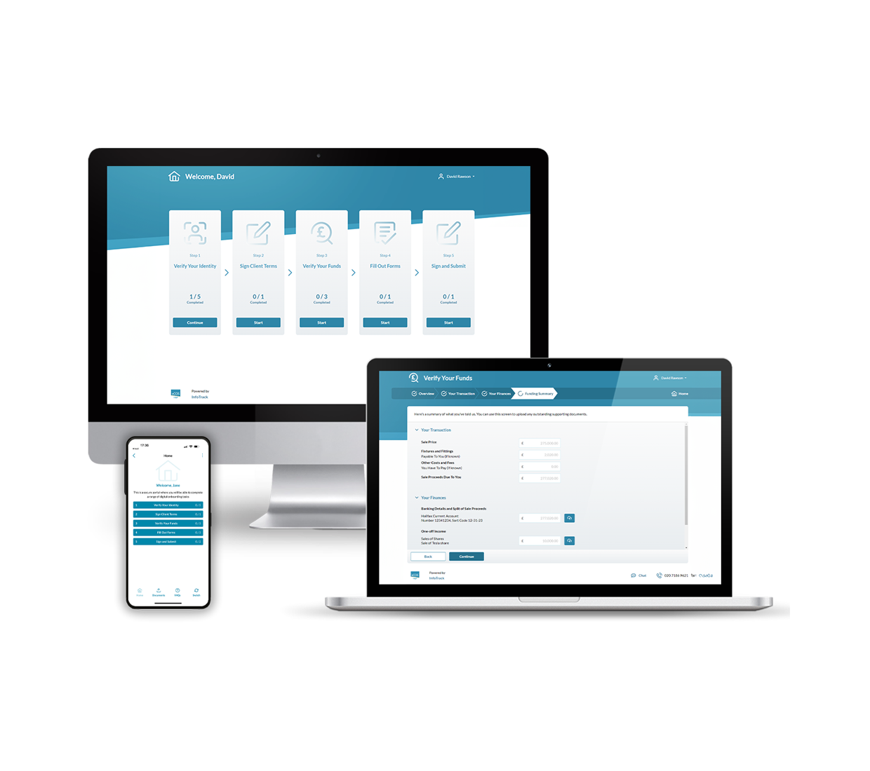 eCOS screen mock ups in desktop, laptop, and mobile app to show user interface for client onboarding solution